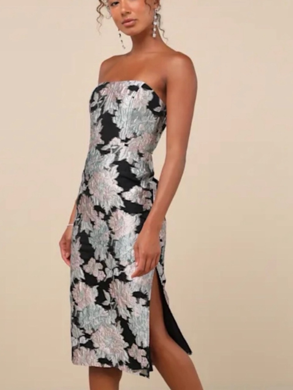 Lulu's Black Strapless Floral Jacquard Midi Dress with Silver-Pink Accents